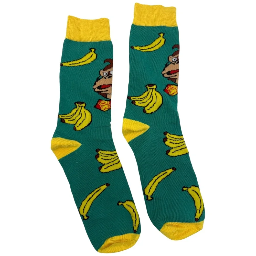 Donkey Kong Banana Themed Crew Socks Green Yellow Adult‎ Size One Size